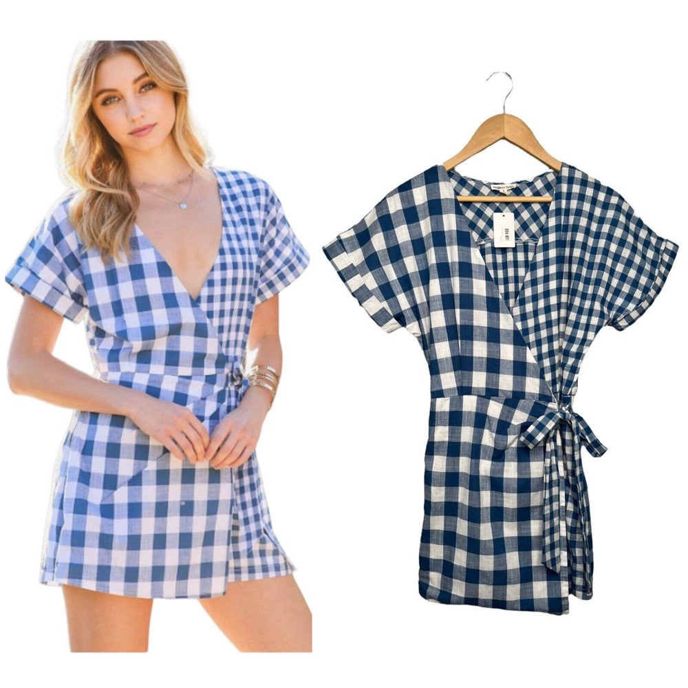 New Mainstrip Gingham V Neck Tie Wrap Front Romper Plaid Blue S - Picture 1 of 15